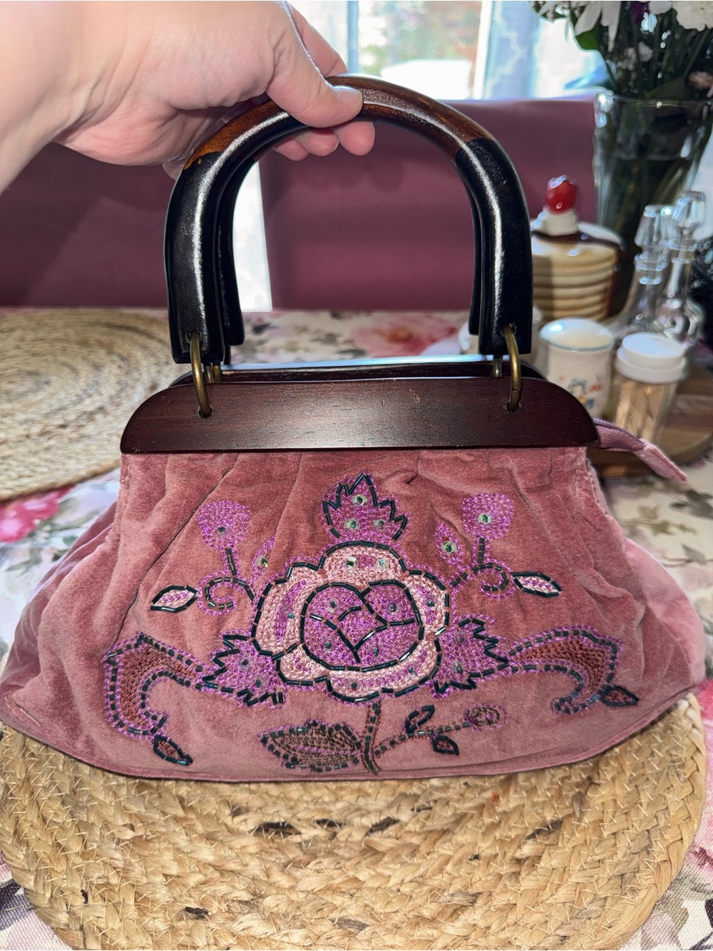Vintage Avon Pink Velvet & Beaded Handbag with Wooden Handles